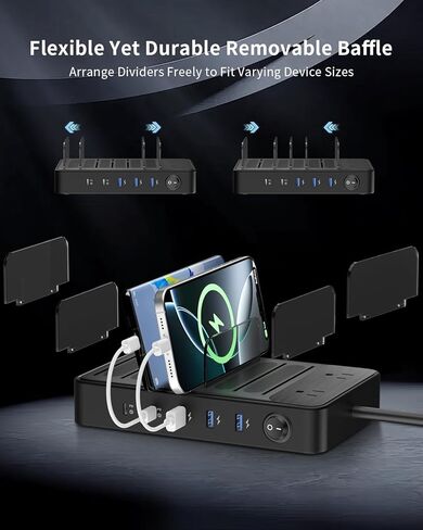 محطة شحن 85 وات لأجهزة متعددة، 7 محطات شحن USB مع 2 تيار متردد، 2 USB C، 3 USB A، قاعدة شحن منظم متعدد الأجهزة للعائلة - مصممة لهاتف iPhone iPad Android والكمبيوتر اللوحي، أسود in Saudi Arabia
