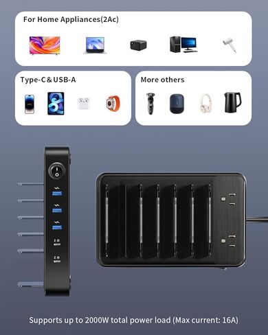 محطة شحن 85 وات لأجهزة متعددة، 7 محطات شحن USB مع 2 تيار متردد، 2 USB C، 3 USB A، قاعدة شحن منظم متعدد الأجهزة للعائلة - مصممة لهاتف iPhone iPad Android والكمبيوتر اللوحي، أسود in Saudi Arabia