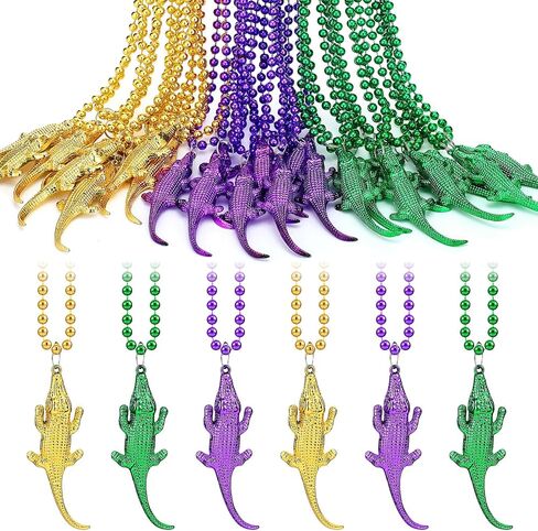 Ecally 24 Pcs Mardi Gras Beads Necklace Green Purple Gold Crawfish Crocodile Beads Necklace Lobster Mardi Gras Parade Throw Bulk Costumes Accessory Sets for Carnival Party Cosplay Supplies in Saudi Arabia