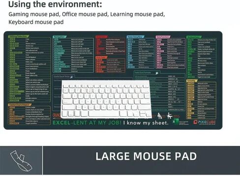 Excel Shortcut Keys Mouse Pad, Extended Large Spreadsheet Keyboard Mat, Non-Slip Stitched Edge SBD06 in Saudi Arabia