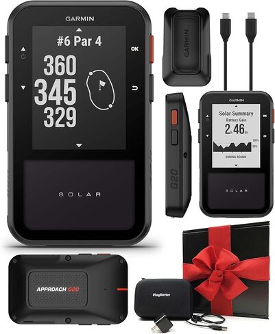 مجموعة صندوق هدايا محمولة باليد من Garmin Approach G20 Solar GPS - شحن بالطاقة الشمسية، شاشة عالية الدقة يمكن قراءتها في ضوء الشمس، حامل مغناطيسي مدمج مع محول حائط PlayBetter وحافظة صلبة in Saudi Arabia