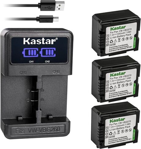بطارية Kastar 3 عبوات VW-VBG070 وشاحن USB LED2 متوافق مع كاميرا باناسونيك HDC-TM300P HDC-TM300PC HDC-TM350 HDC-TM650 HDC-TM700 HDC-TM700K HDC-TM750 HDC-TMT750GK NV-GS90 NV-GS98GK in Kuwait
