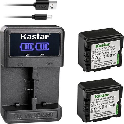 بطارية Kastar 3 عبوات VW-VBG070 وشاحن USB LED2 متوافق مع كاميرا باناسونيك HDC-TM300P HDC-TM300PC HDC-TM350 HDC-TM650 HDC-TM700 HDC-TM700K HDC-TM750 HDC-TMT750GK NV-GS90 NV-GS98GK in Kuwait