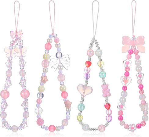 4 Pcs Phone Charms Strap, Cute Beaded Phone Lanyard Pink Wrist Strap, Case Charms Butterfly Heart Star Flower Anti-Theft Chain String Lanyard Keychain For Women in Saudi Arabia