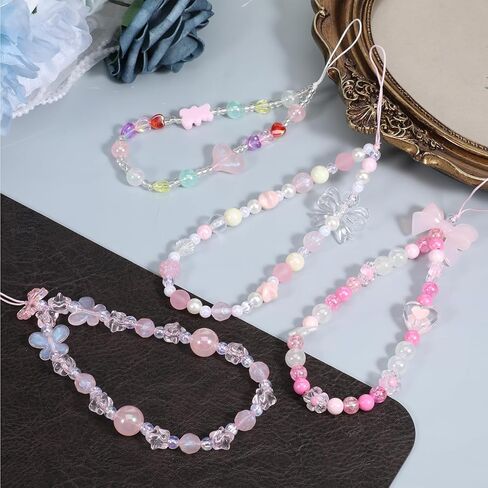 4 Pcs Phone Charms Strap, Cute Beaded Phone Lanyard Pink Wrist Strap, Case Charms Butterfly Heart Star Flower Anti-Theft Chain String Lanyard Keychain For Women in Saudi Arabia