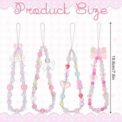 4 Pcs Phone Charms Strap, Cute Beaded Phone Lanyard Pink Wrist Strap, Case Charms Butterfly Heart Star Flower Anti-Theft Chain String Lanyard Keychain For Women in Saudi Arabia