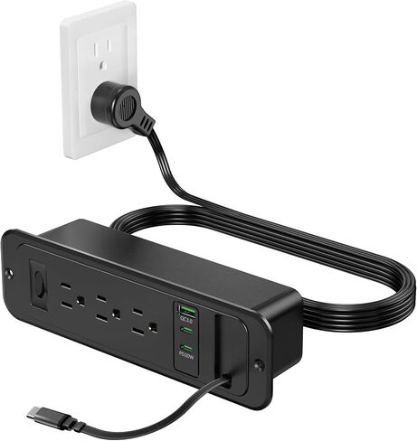 شريط طاقة مجوف مع كابل USB C قابل للسحب، 2 PD 20 وات USB C، منفذ درج سطح الطاولة، مخرج مخفي للأثاث للطاولة الجانبية، طاولة النهاية، 3 منافذ (أسود، 6FT-20W USB) in Kuwait