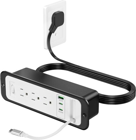 شريط طاقة مجوف مع كابل USB C قابل للسحب، 2 PD 20 وات USB C، منفذ درج سطح الطاولة، مخرج مخفي للأثاث للطاولة الجانبية، طاولة النهاية، 3 منافذ (أسود، 6FT-20W USB) in Kuwait