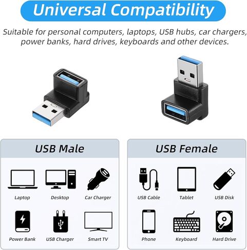 محول USB 3.2 90 درجة، قطعتان، زاوية قائمة USB من النوع A ذكر إلى أنثى موصل موسع لشاحن لوحة مفاتيح الكمبيوتر المحمول والماوس in Kuwait