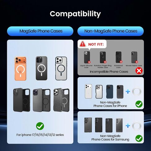 حامل هاتف السيارة لـ Magsafe - دوران 360 درجة وتعديل ثنائي المحور، شفط يصل إلى 78 رطل، متوافق مع حافظة Magsafe، لسلسلة iPhone 17 و16 و15 و14 و13 و12. in Kuwait