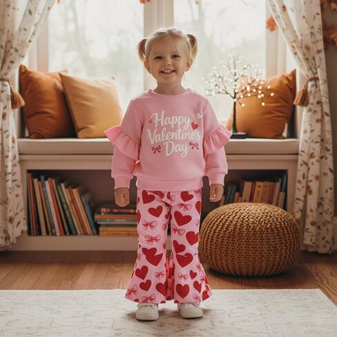 Toddler Baby Girl Valentines Day Outfit Bow Letter Embroider Sweatshirt and Flared Pants Set 2 Piece Clothes in Kuwait