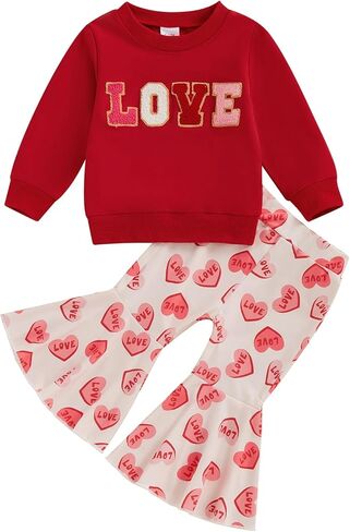 Toddler Baby Girl Valentines Day Outfit Bow Letter Embroider Sweatshirt and Flared Pants Set 2 Piece Clothes in Kuwait