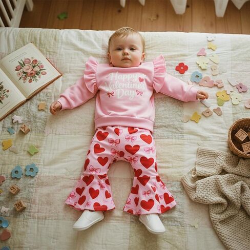 Toddler Baby Girl Valentines Day Outfit Bow Letter Embroider Sweatshirt and Flared Pants Set 2 Piece Clothes in Kuwait