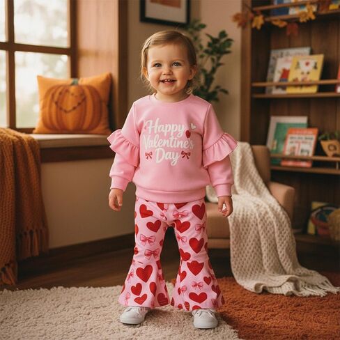 Toddler Baby Girl Valentines Day Outfit Bow Letter Embroider Sweatshirt and Flared Pants Set 2 Piece Clothes in Kuwait