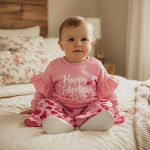 Toddler Baby Girl Valentines Day Outfit Bow Letter Embroider Sweatshirt and Flared Pants Set 2 Piece Clothes in Kuwait