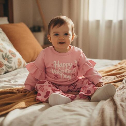 Toddler Baby Girl Valentines Day Outfit Bow Letter Embroider Sweatshirt and Flared Pants Set 2 Piece Clothes in Kuwait