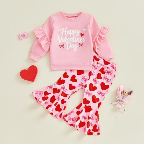 Toddler Baby Girl Valentines Day Outfit Bow Letter Embroider Sweatshirt and Flared Pants Set 2 Piece Clothes in Kuwait