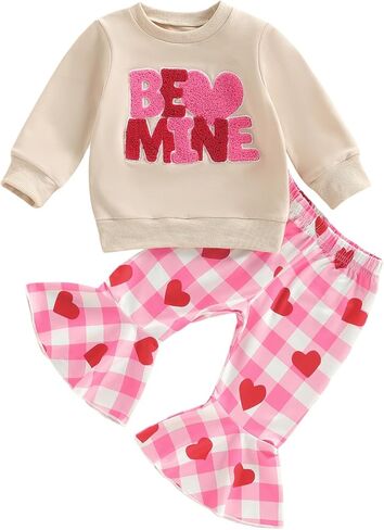 Toddler Baby Girl Valentines Day Outfit Bow Letter Embroider Sweatshirt and Flared Pants Set 2 Piece Clothes in Kuwait