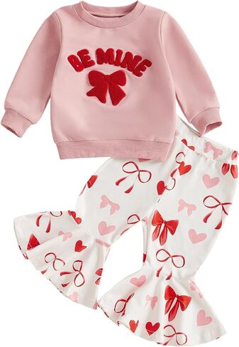 Toddler Baby Girl Valentines Day Outfit Bow Letter Embroider Sweatshirt and Flared Pants Set 2 Piece Clothes in Kuwait