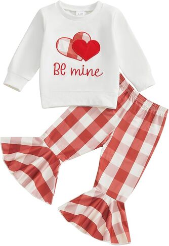 Toddler Baby Girl Valentines Day Outfit Bow Letter Embroider Sweatshirt and Flared Pants Set 2 Piece Clothes in Kuwait