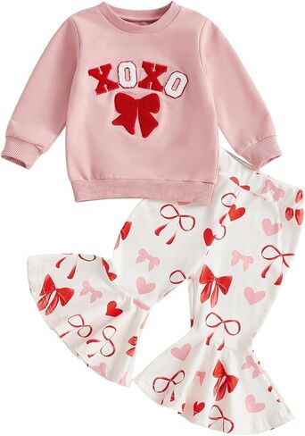 Toddler Baby Girl Valentines Day Outfit Bow Letter Embroider Sweatshirt and Flared Pants Set 2 Piece Clothes in Kuwait
