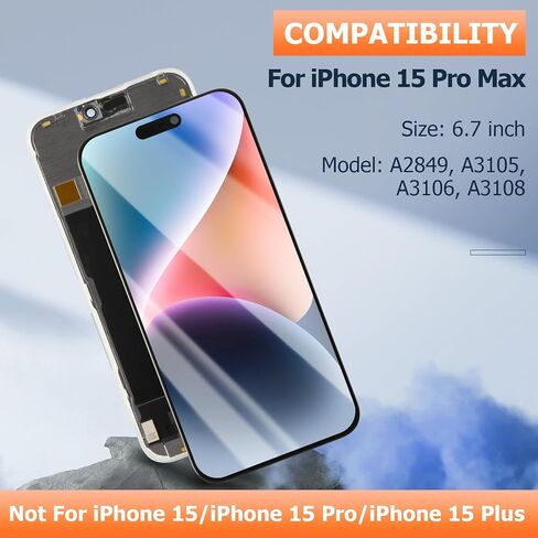استبدال شاشة AGCUT OLED لهاتف iPhone 15 Pro Max لشاشة iPhone 15 Pro Max LCD A2849، A3105، A3106، A3108 جزء إصلاح تجميع شاشة LCD تعمل باللمس مع فيلم واقي + أدوات in Kuwait