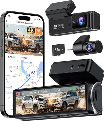كاميرا أمامية خلفية بدقة 4K، كاميرا داش مزدوجة للسيارات مدمجة بتردد 5 جيجاهرتز/2.4 جيجاهرتز واي فاي GPS مع مستشعر G، شاشة مراقبة وقوف السيارات 24 ساعة، تسجيل حلقة WDR رؤية ليلية 170 درجة، زاوية عرض، تحكم في التطبيق، بطاقة SD سعة 64 جيجابايت مجانًا in Kuwait