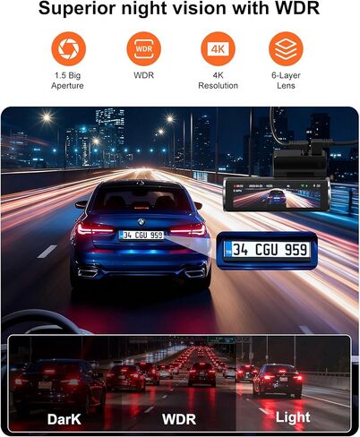 كاميرا أمامية خلفية بدقة 4K، كاميرا داش مزدوجة للسيارات مدمجة بتردد 5 جيجاهرتز/2.4 جيجاهرتز واي فاي GPS مع مستشعر G، شاشة مراقبة وقوف السيارات 24 ساعة، تسجيل حلقة WDR رؤية ليلية 170 درجة، زاوية عرض، تحكم في التطبيق، بطاقة SD سعة 64 جيجابايت مجانًا in Kuwait