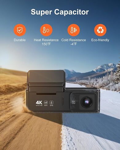 كاميرا أمامية خلفية بدقة 4K، كاميرا داش مزدوجة للسيارات مدمجة بتردد 5 جيجاهرتز/2.4 جيجاهرتز واي فاي GPS مع مستشعر G، شاشة مراقبة وقوف السيارات 24 ساعة، تسجيل حلقة WDR رؤية ليلية 170 درجة، زاوية عرض، تحكم في التطبيق، بطاقة SD سعة 64 جيجابايت مجانًا in Kuwait