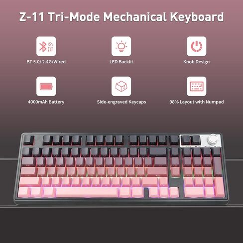 HUO JI Wireless Mechanical Gaming Keyboard with Knob, Bluetooth 5.0/2.4GHz/USB-C Wired, Hot Swappable Red Switches, Anti-Ghosting, Led Backlit, 96% Computer Keyboard for PC Gamer, Pink in Saudi Arabia