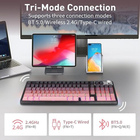 HUO JI Wireless Mechanical Gaming Keyboard with Knob, Bluetooth 5.0/2.4GHz/USB-C Wired, Hot Swappable Red Switches, Anti-Ghosting, Led Backlit, 96% Computer Keyboard for PC Gamer, Pink in Saudi Arabia