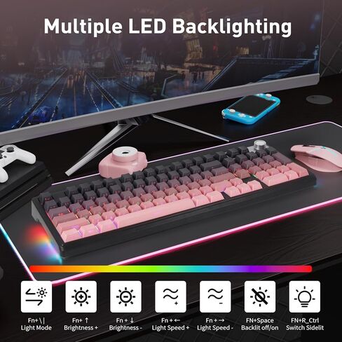 HUO JI Wireless Mechanical Gaming Keyboard with Knob, Bluetooth 5.0/2.4GHz/USB-C Wired, Hot Swappable Red Switches, Anti-Ghosting, Led Backlit, 96% Computer Keyboard for PC Gamer, Pink in Saudi Arabia