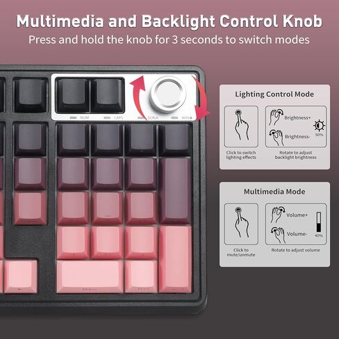 HUO JI Wireless Mechanical Gaming Keyboard with Knob, Bluetooth 5.0/2.4GHz/USB-C Wired, Hot Swappable Red Switches, Anti-Ghosting, Led Backlit, 96% Computer Keyboard for PC Gamer, Pink in Saudi Arabia