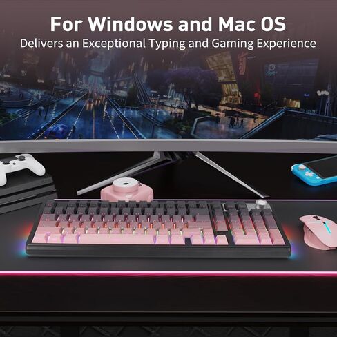 HUO JI Wireless Mechanical Gaming Keyboard with Knob, Bluetooth 5.0/2.4GHz/USB-C Wired, Hot Swappable Red Switches, Anti-Ghosting, Led Backlit, 96% Computer Keyboard for PC Gamer, Pink in Saudi Arabia