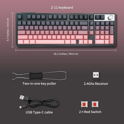 HUO JI Wireless Mechanical Gaming Keyboard with Knob, Bluetooth 5.0/2.4GHz/USB-C Wired, Hot Swappable Red Switches, Anti-Ghosting, Led Backlit, 96% Computer Keyboard for PC Gamer, Pink in Saudi Arabia