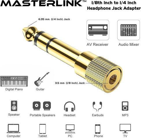 MASTERLINK 1/8 بوصة (1/4 بوصة) ذكر إلى 3.5 مم (1/8 بوصة) محول مقبس صوت ستيريو أنثى لكابل Aux، مضخم الجيتار، سماعة الرأس، عبوتان in Saudi Arabia