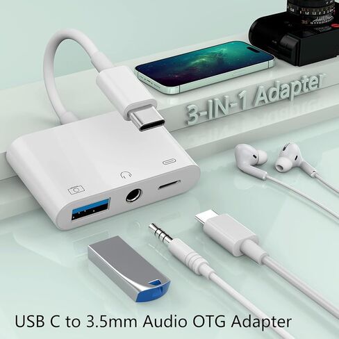 محول صوت OTG من USB C إلى 3.5 مم، مقسم 3 في 1 من النوع C إلى USB مع مقبس سماعة رأس 3.5 مم وشحن سريع 60 وات PD، متوافق مع iPhone 16/15 وiPad Pro وMacBook والمزيد in Saudi Arabia