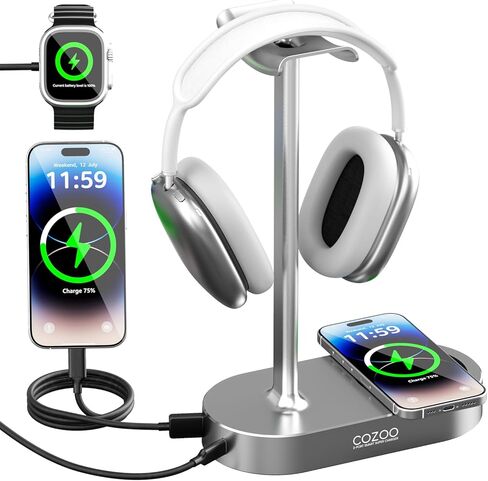 حامل سماعات أذن وردي من cozoo مع شاحن لاسلكي بقدرة 15 وات، ومنافذ USB ونوع C، وحامل سماعات ألعاب مكتب لطيف، وهدايا للنساء والفتيات المراهقات والصديقات والفتيات اللاعبات وملحقات مكتب جمالية لها in Kuwait