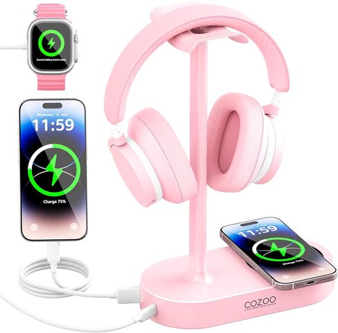 حامل سماعات أذن وردي من cozoo مع شاحن لاسلكي بقدرة 15 وات، ومنافذ USB ونوع C، وحامل سماعات ألعاب مكتب لطيف، وهدايا للنساء والفتيات المراهقات والصديقات والفتيات اللاعبات وملحقات مكتب جمالية لها in Kuwait