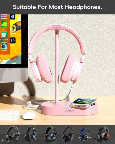 حامل سماعات أذن وردي من cozoo مع شاحن لاسلكي بقدرة 15 وات، ومنافذ USB ونوع C، وحامل سماعات ألعاب مكتب لطيف، وهدايا للنساء والفتيات المراهقات والصديقات والفتيات اللاعبات وملحقات مكتب جمالية لها in Kuwait