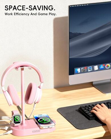حامل سماعات أذن وردي من cozoo مع شاحن لاسلكي بقدرة 15 وات، ومنافذ USB ونوع C، وحامل سماعات ألعاب مكتب لطيف، وهدايا للنساء والفتيات المراهقات والصديقات والفتيات اللاعبات وملحقات مكتب جمالية لها in Kuwait