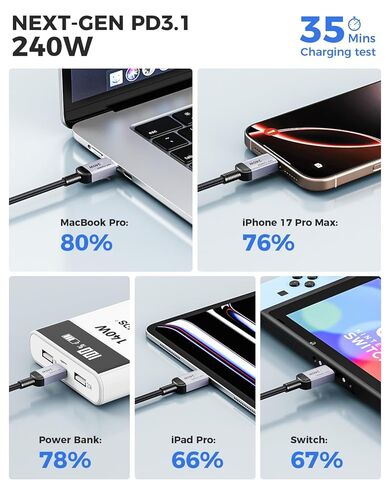 كابل USB C إلى USB C للشحن السريع بقدرة 240 واط، سلك شاحن هاتف من النوع C بطول 6.6 قدم، USB-C مضفر لهاتف iPhone 17 16 15 Pro Max وSamsung S25 S24 وأجهزة الكمبيوتر المحمولة وMacBook وiPad Air وSwitch in Kuwait