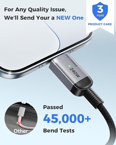 كابل USB C إلى USB C للشحن السريع بقدرة 240 واط، سلك شاحن هاتف من النوع C بطول 6.6 قدم، USB-C مضفر لهاتف iPhone 17 16 15 Pro Max وSamsung S25 S24 وأجهزة الكمبيوتر المحمولة وMacBook وiPad Air وSwitch in Kuwait