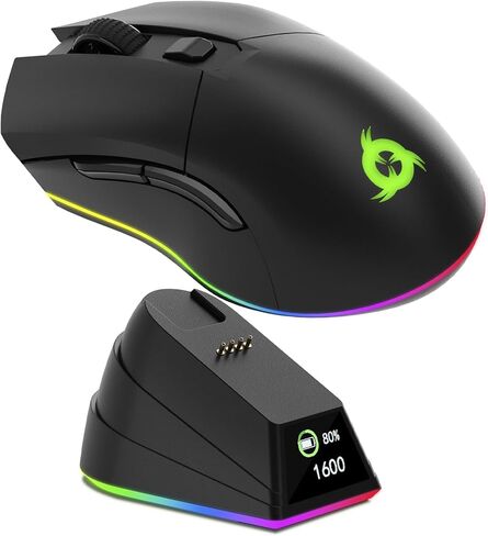 ماوس ألعاب لاسلكي KLIM Blaze Pro قابل لإعادة الشحن مع قاعدة شحن RGB وشاشة LCD - إصدار جديد - مستشعر عالي الدقة وبطارية طويلة الأمد - ما يصل إلى 6000 نقطة في البوصة - ماوس ألعاب كمبيوتر رائع لاسلكي in Saudi Arabia
