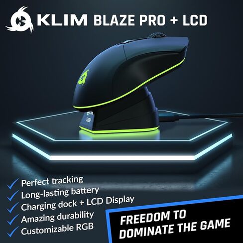 ماوس ألعاب لاسلكي KLIM Blaze Pro قابل لإعادة الشحن مع قاعدة شحن RGB وشاشة LCD - إصدار جديد - مستشعر عالي الدقة وبطارية طويلة الأمد - ما يصل إلى 6000 نقطة في البوصة - ماوس ألعاب كمبيوتر رائع لاسلكي in Saudi Arabia