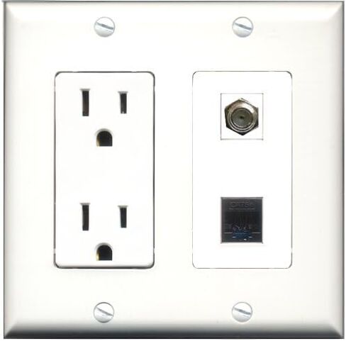 RiteAV - 15 Amp Power Outlet and 1 Port Coax Cable TV- F-Type and 1 Port Cat5e Ethernet Black Decorative Type Wall Plate White in Saudi Arabia