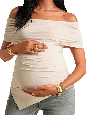 MakeMeChic Women's Maternity Summer Off The Shoulder Tops Short Sleeve Ruched Asymmetrical Pregnancy Tops in Saudi Arabia