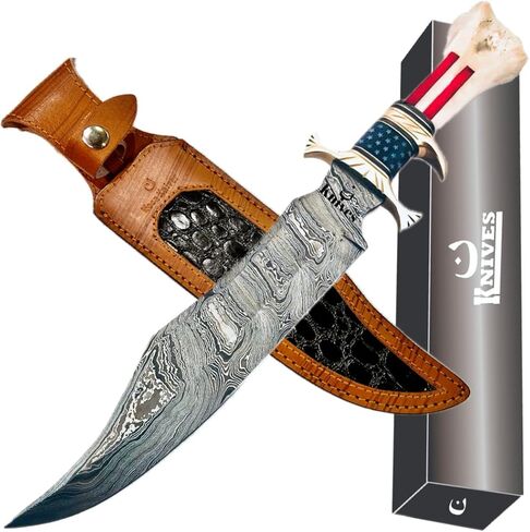 'NoonKnives: مقبض سكين GUTT مصنوع يدويًا مصنوع يدويًا من الفولاذ الدمشقي، مادة عظمة علم الولايات المتحدة الأمريكية حمض مؤلم (نجمة) in Kuwait