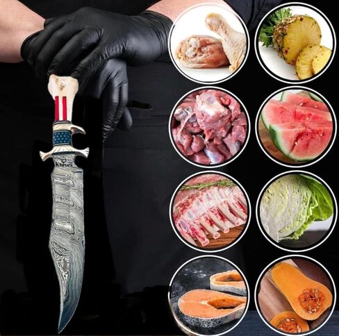 'NoonKnives: مقبض سكين GUTT مصنوع يدويًا مصنوع يدويًا من الفولاذ الدمشقي، مادة عظمة علم الولايات المتحدة الأمريكية حمض مؤلم (نجمة) in Kuwait