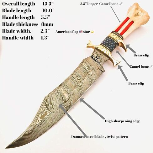 'NoonKnives: مقبض سكين GUTT مصنوع يدويًا مصنوع يدويًا من الفولاذ الدمشقي، مادة عظمة علم الولايات المتحدة الأمريكية حمض مؤلم (نجمة) in Kuwait